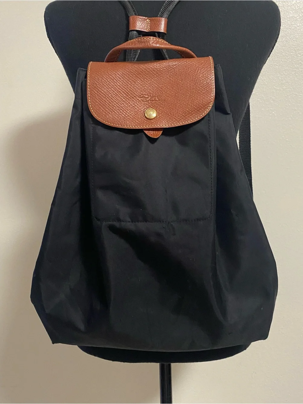 Longchamp Le Pliage Drawstring backpack Black Tan Leather 2 Way Folding NAM LIG